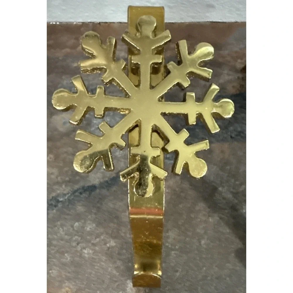 Brass Snowflake Christmas Stocking Holders Mantel Hooks Set of 2 Gold Tone